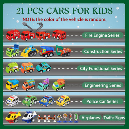 Pull Back Vehicle Countdown Box with 21 Toy Cars and Trucks Plus 3 Sets of Road Signs