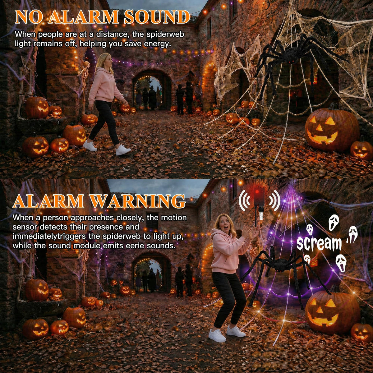 Light Up Spider Web with Motion Sensor Sound and 150 Purple LEDs for Yards and Rooflines