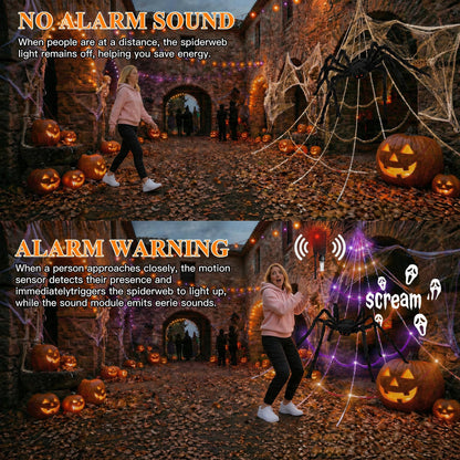 Light Up Spider Web with Motion Sensor Sound and 150 Purple LEDs for Yards and Rooflines