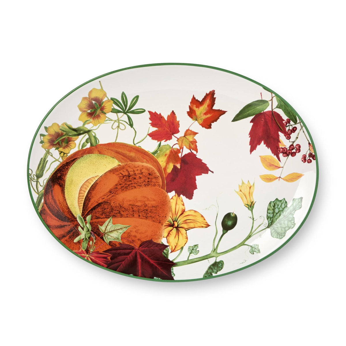 Fall Ceramic Platter with Pumpkin Artwork and 16x12 Inch Oval Size for Holiday Meals