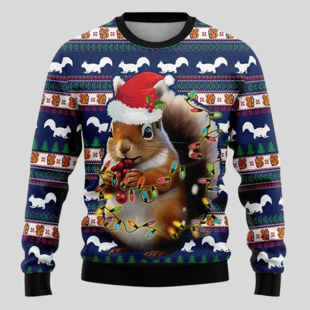 Mens Crew Neck Sweater with Festive Graphic and Relaxed Fit