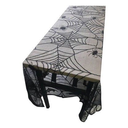 Black Mesh Table Cover with Spider Web Pattern for Halloween Buffets and Dessert Tables