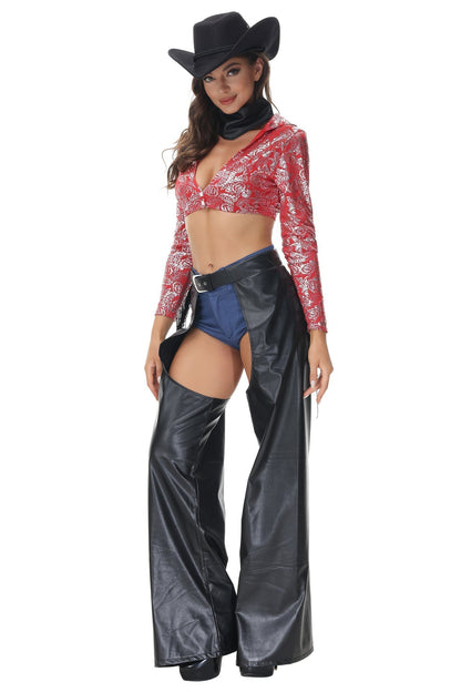 Western Cowgirl Costume Set with Fringe Printed Top, Open Side Pants, and Hat Option