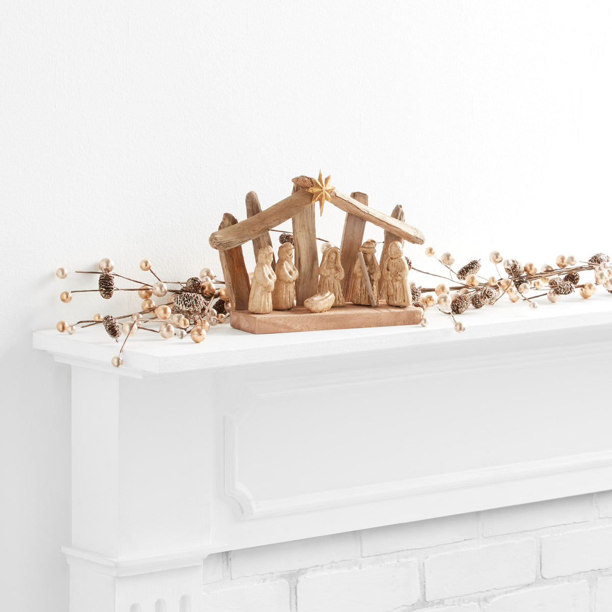 Weathered Driftwood Nativity with Gold Wash Paper Pulp Figures and a Metal Star for Mantels and Shelves