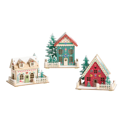 Set of 3 Folk Cottages with Warm LED Windows and Timer for Holiday Mantels and Sideboards