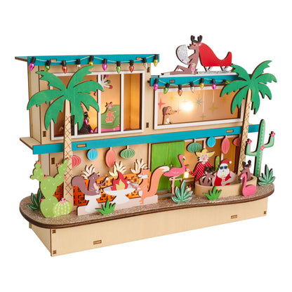 Laser Cut Wood Retro Vacation House Decor with Warm LED Glow and Timer for Mantels and Shelves