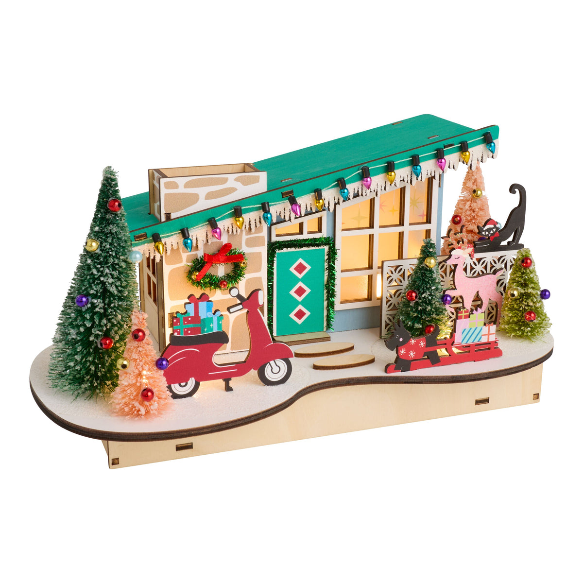 Laser Cut Wood Sloped Roof Scooter House with LED Lights and Timer for Holiday Shelves