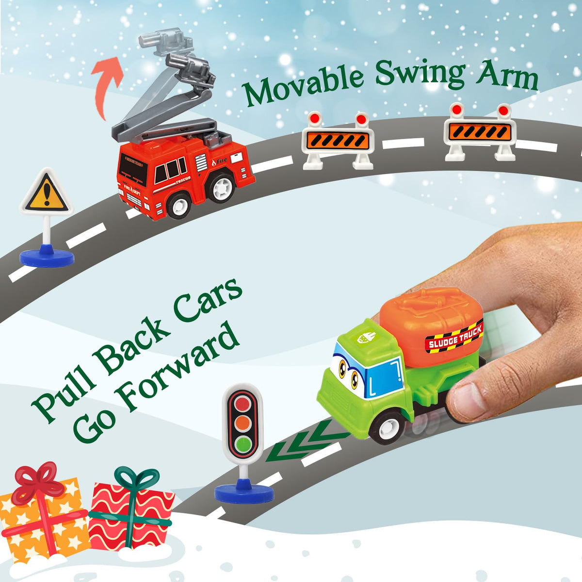 Pull Back Vehicle Countdown Box with 21 Toy Cars and Trucks Plus 3 Sets of Road Signs