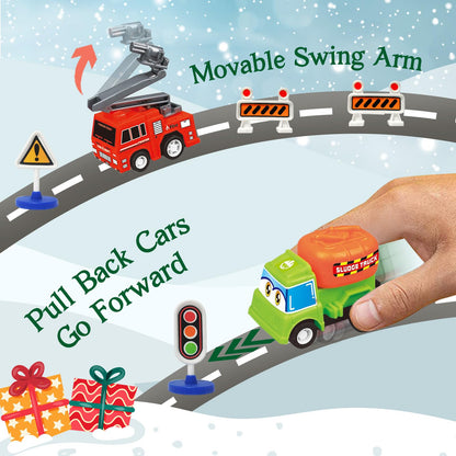 Pull Back Vehicle Countdown Box with 21 Toy Cars and Trucks Plus 3 Sets of Road Signs