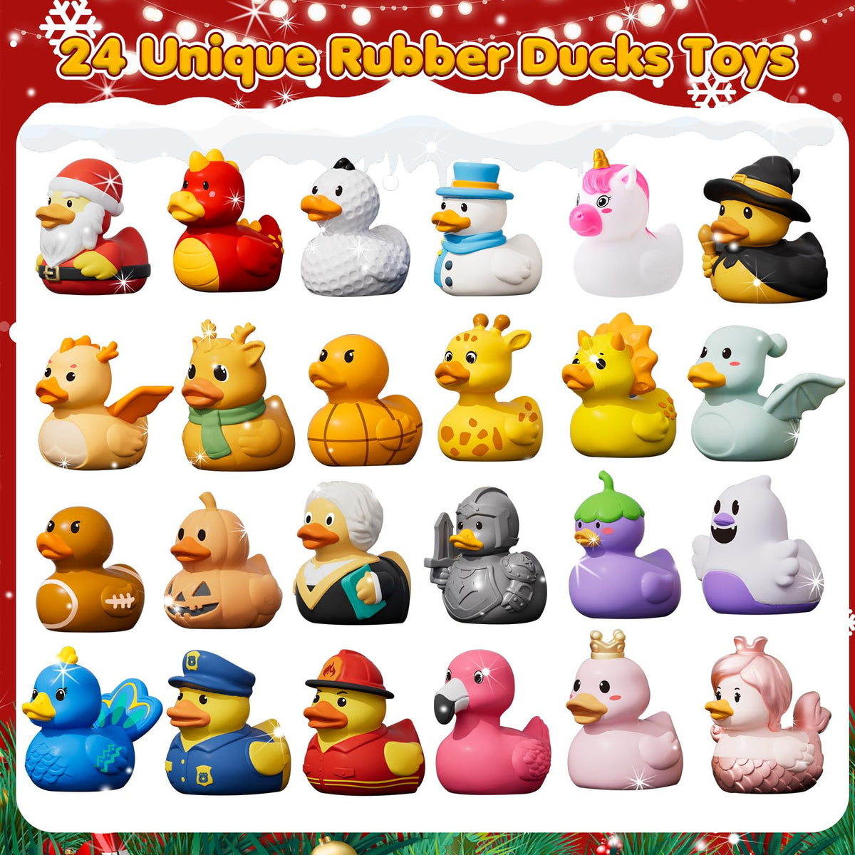 Costume Rubber Duck Countdown Box with 24 Different Festive Ducks for Bath Time and Shelves