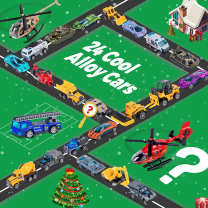 Calendar Box of 24 Die Cast Alloy Race Cars, Tanks and Helicopters with a Folding Play Map for Ages 3 and Up