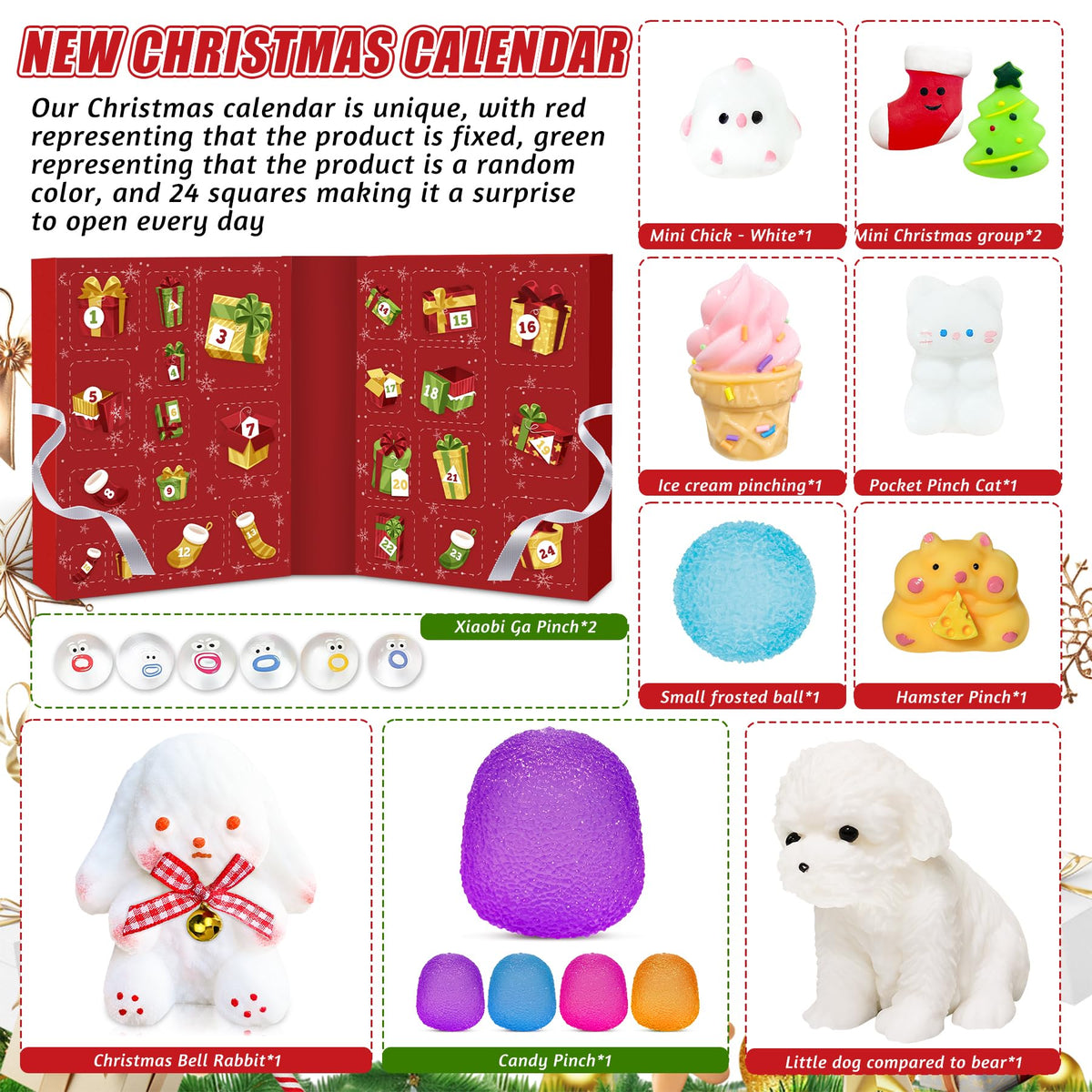 Christmas Countdown Box with 24 Soft Squishy Toys and a Fold Out Red Display for Kids