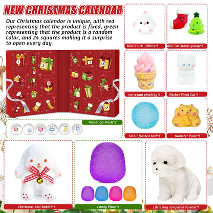 Christmas Countdown Box with 24 Soft Squishy Toys and a Fold Out Red Display for Kids