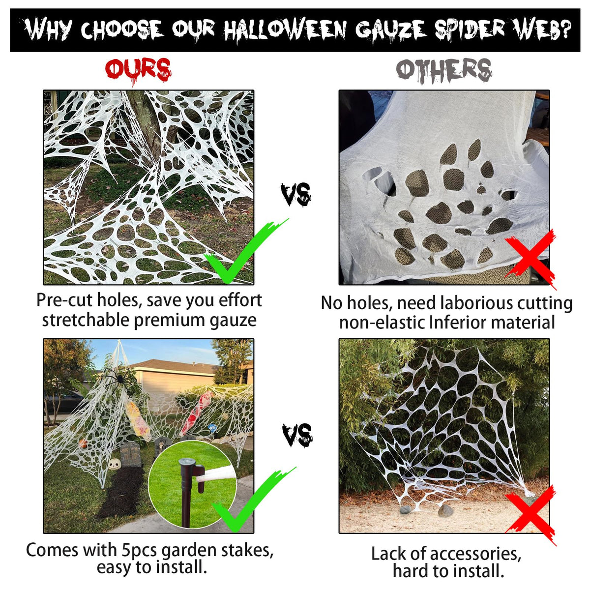 Stretchy Spider Web Netting 11.5 Feet Long with Five Stakes for Halloween Fences Porches and Trees