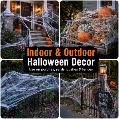 Stretch Cobweb Pack with 40 Plastic Spiders in Six Sizes for Halloween Hedges Porches and Walls