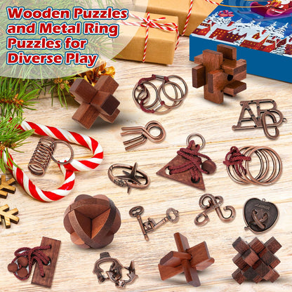 Brain Teaser Countdown Box of 24 Interlocking Metal Rings and 3D Wooden Puzzles in Dark Brown or Light Brown