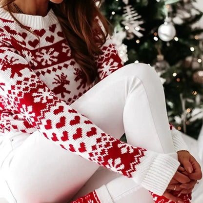 Womens Crew Neck Sweater with Reindeer and Snowflake Pattern, Hip Length
