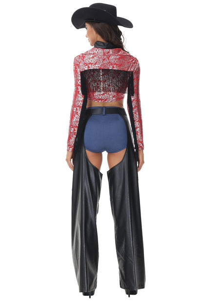 Western Cowgirl Costume Set with Fringe Printed Top, Open Side Pants, and Hat Option