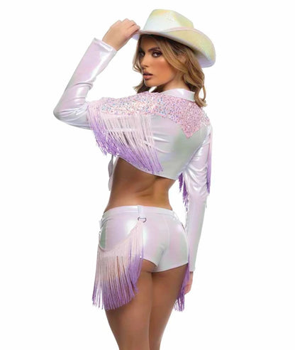 Shimmer Cowgirl Costume Set with Ombre Fringe Tie Top, Buckle Belt, and Matching Shorts