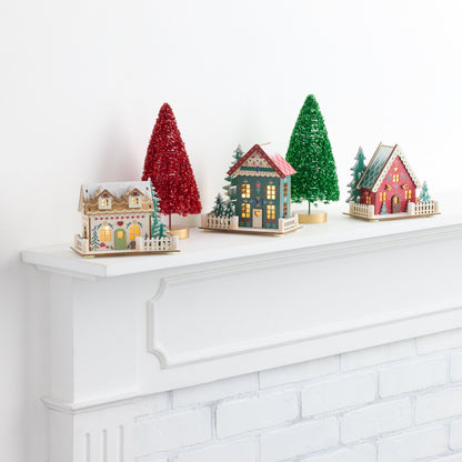 Set of 3 Folk Cottages with Warm LED Windows and Timer for Holiday Mantels and Sideboards