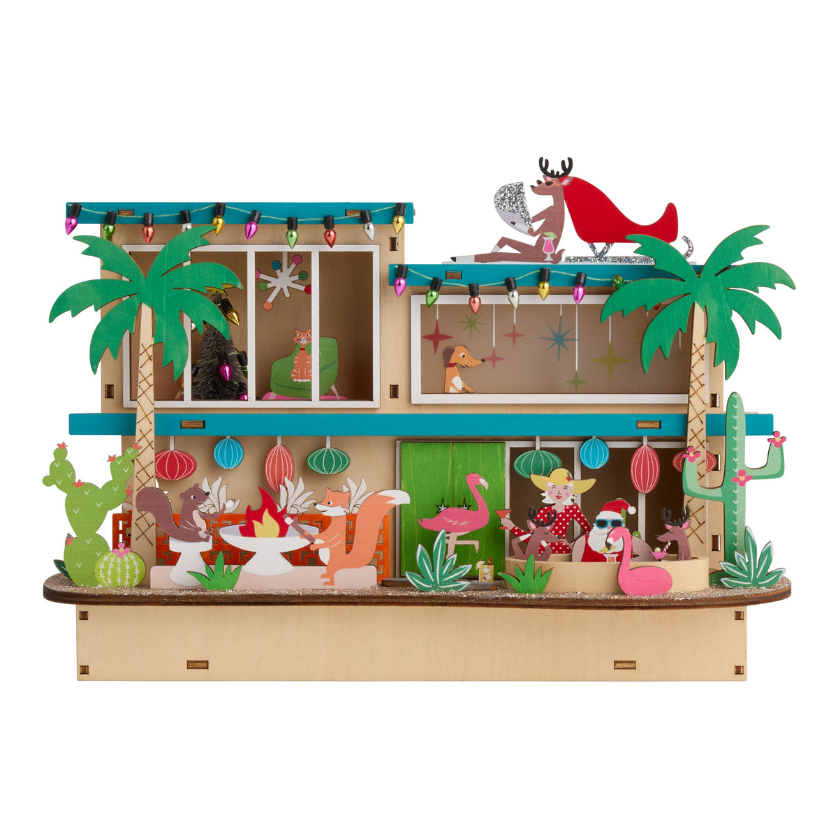 Laser Cut Wood Retro Vacation House Decor with Warm LED Glow and Timer for Mantels and Shelves