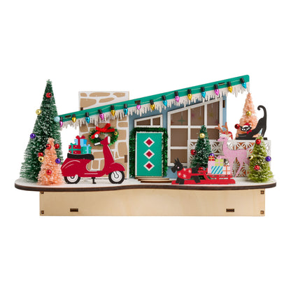 Laser Cut Wood Sloped Roof Scooter House with LED Lights and Timer for Holiday Shelves