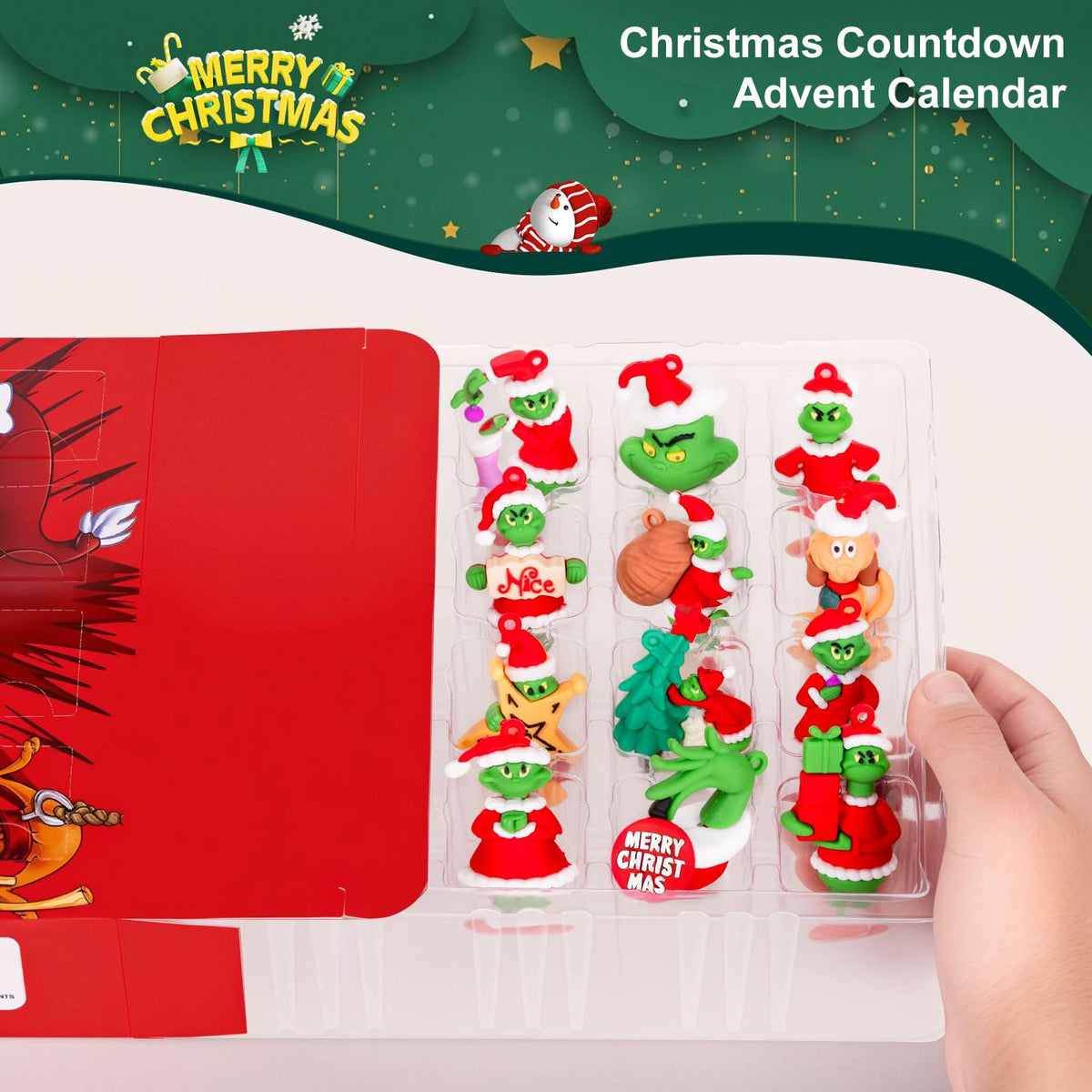 Collectible Holiday Figure Countdown Box of 24 Plastic Figures in Red, Black or Blue for Christmas and Halloween
