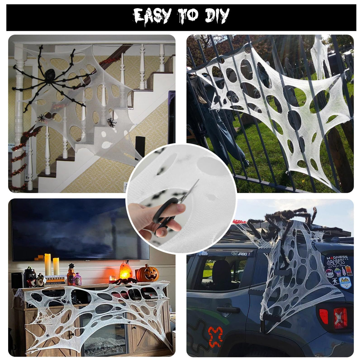 Stretchy Spider Web Netting 11.5 Feet Long with Five Stakes for Halloween Fences Porches and Trees