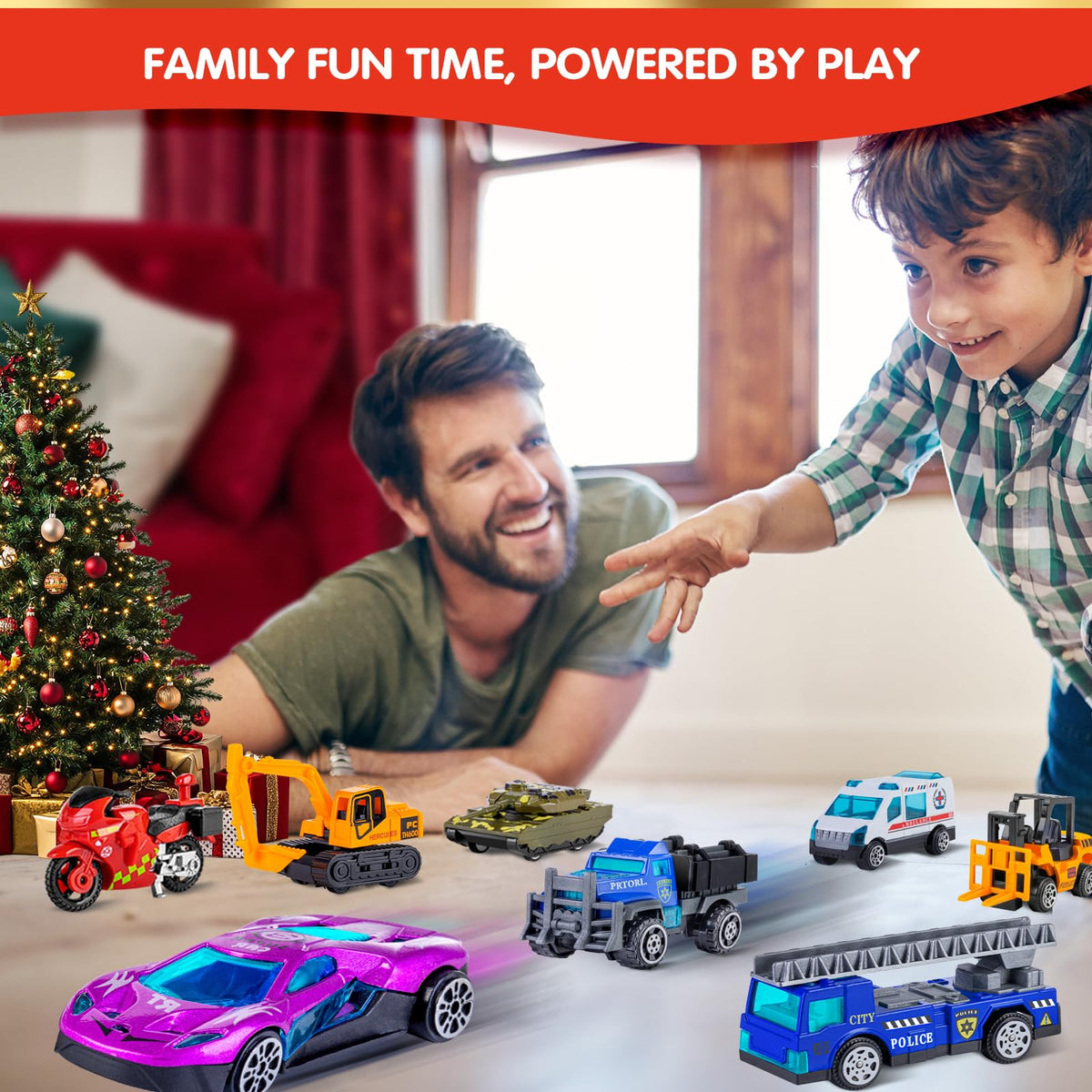 Calendar Box of 24 Die Cast Alloy Race Cars, Tanks and Helicopters with a Folding Play Map for Ages 3 and Up