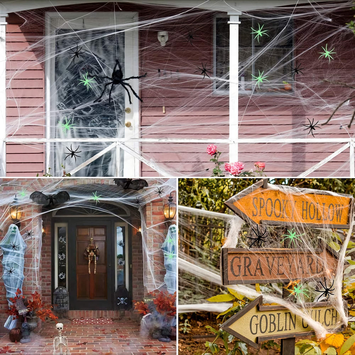 Stretchy Web Kit with 10 Glowing and 10 Black Spiders for Halloween Doors and Ceilings