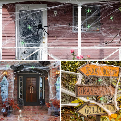 Stretchy Web Kit with 10 Glowing and 10 Black Spiders for Halloween Doors and Ceilings