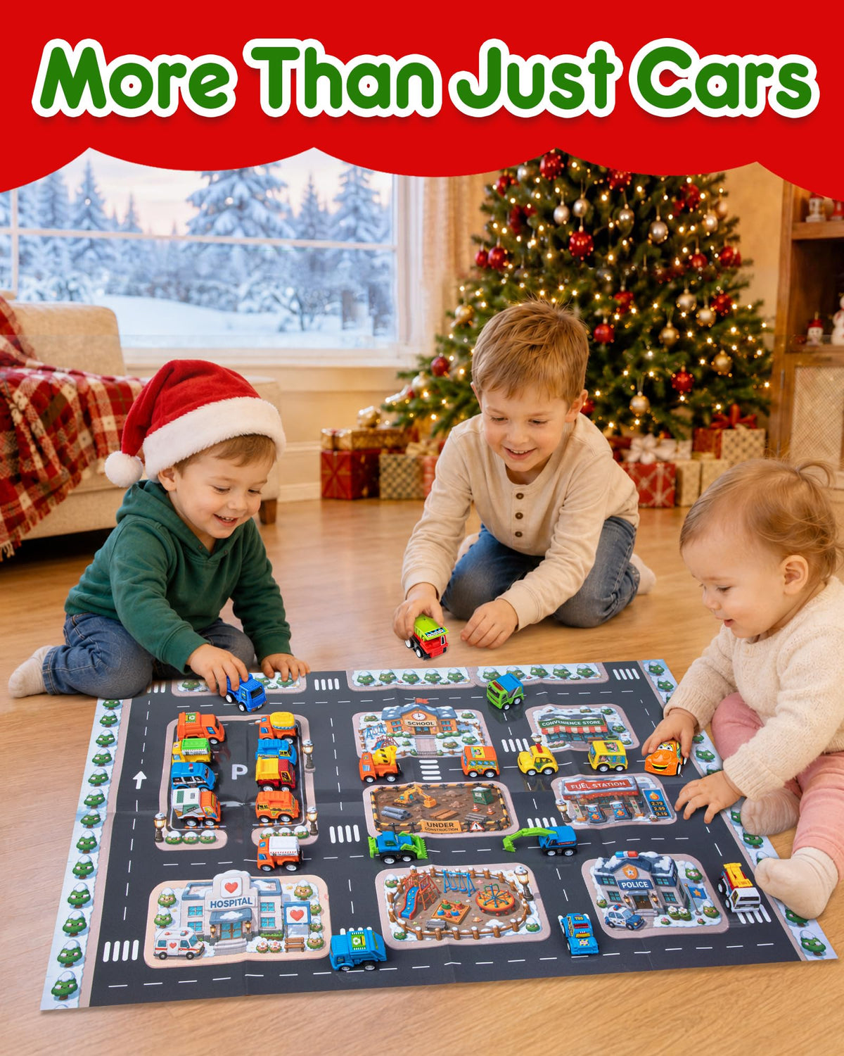 Pull Back Car Countdown Box with 24 Bright Colored Cars and a Play Map in a Gift Ready Package