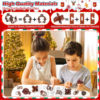 Brain Teaser Countdown Box of 24 Interlocking Metal Rings and 3D Wooden Puzzles in Dark Brown or Light Brown