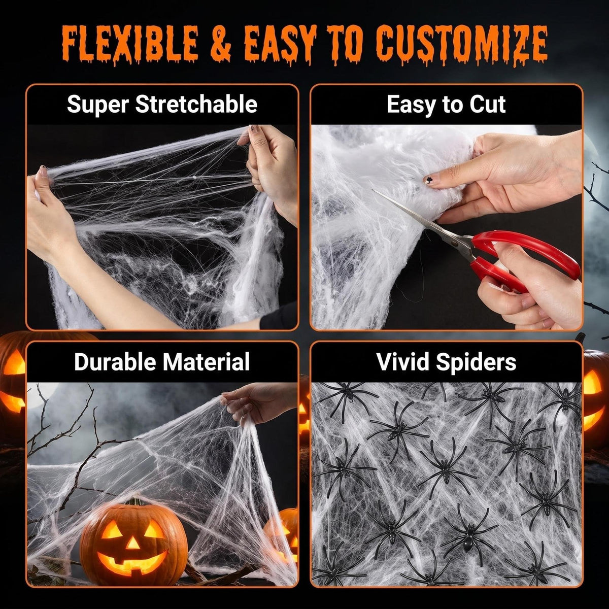 Stretch Cobweb Pack with 40 Plastic Spiders in Six Sizes for Halloween Hedges Porches and Walls