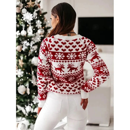 Womens Crew Neck Sweater with Reindeer and Snowflake Pattern, Hip Length