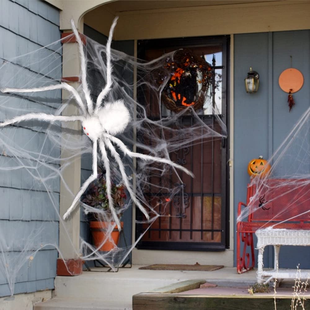 Giant Bendable Spider Trio with 12 Foot Cobweb for Halloween Porches Trees and Fences in Black Or White