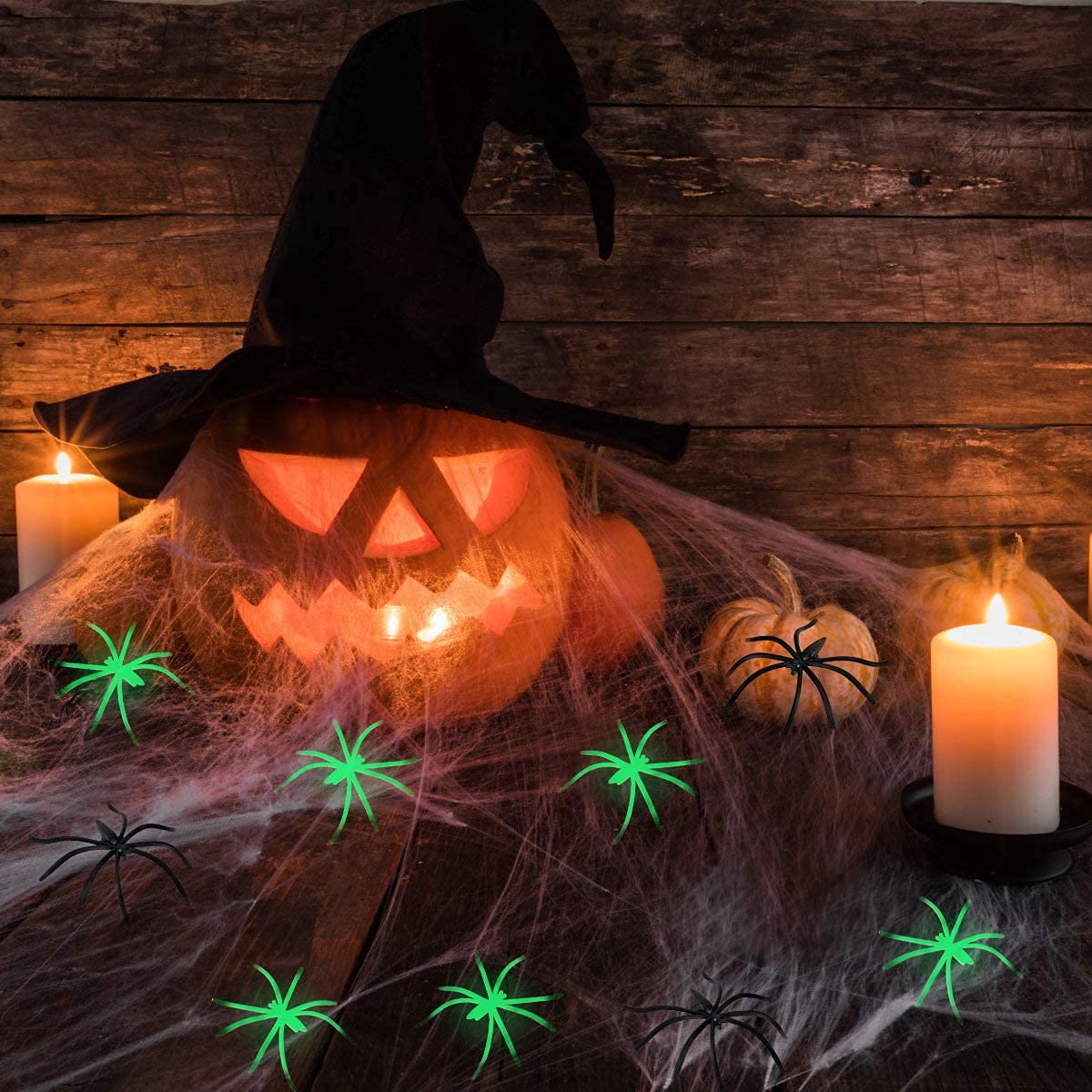 Stretchy Web Kit with 10 Glowing and 10 Black Spiders for Halloween Doors and Ceilings