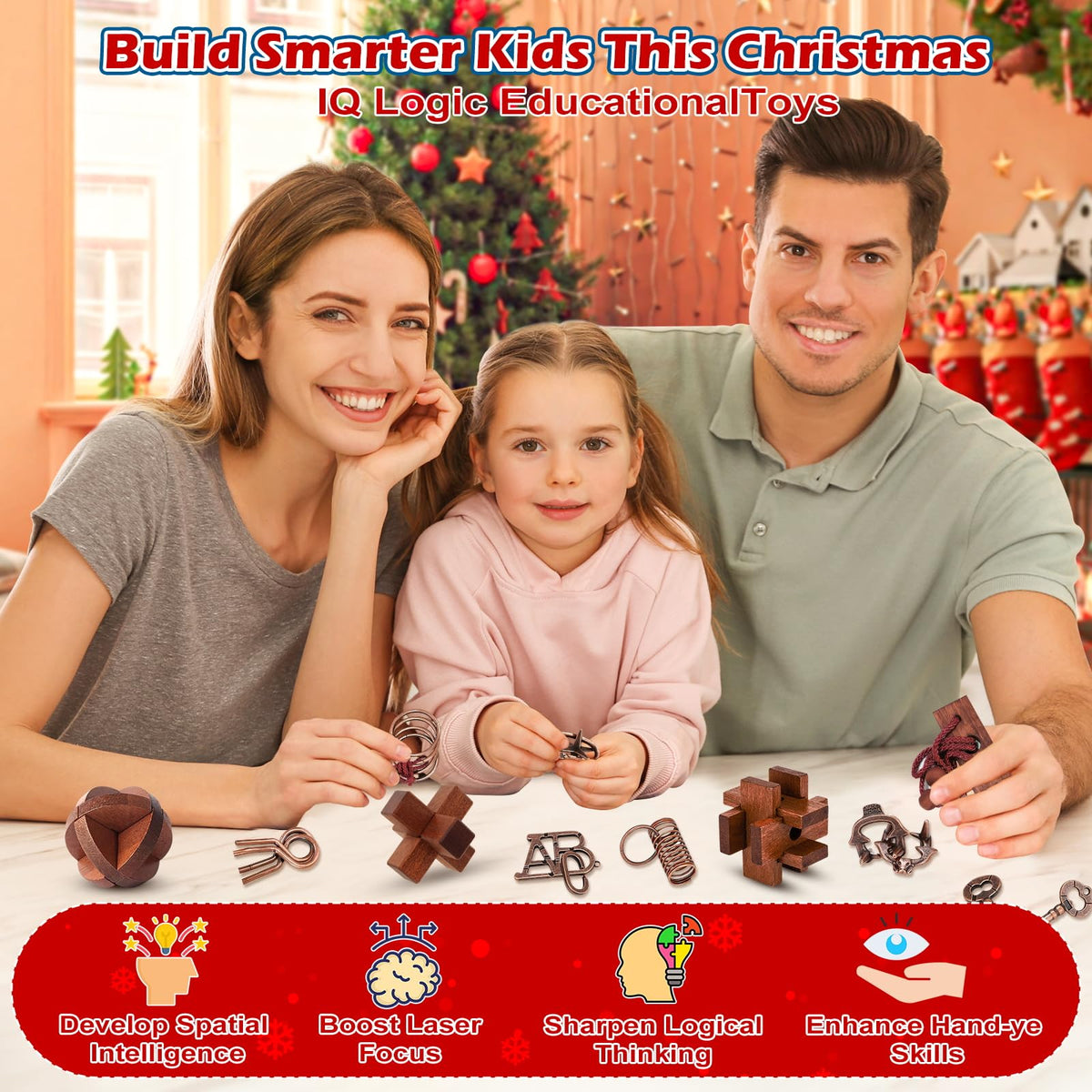 Brain Teaser Countdown Box of 24 Interlocking Metal Rings and 3D Wooden Puzzles in Dark Brown or Light Brown