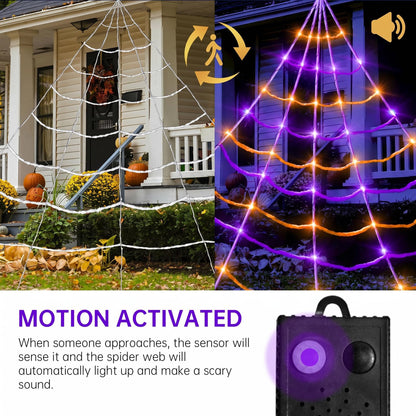 Light Up Spider Web with Motion Sensor Sound and 150 Purple LEDs for Yards and Rooflines