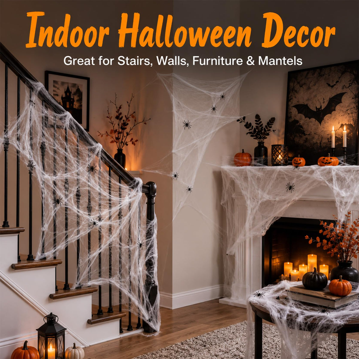 Stretch Cobweb Pack with 40 Plastic Spiders in Six Sizes for Halloween Hedges Porches and Walls