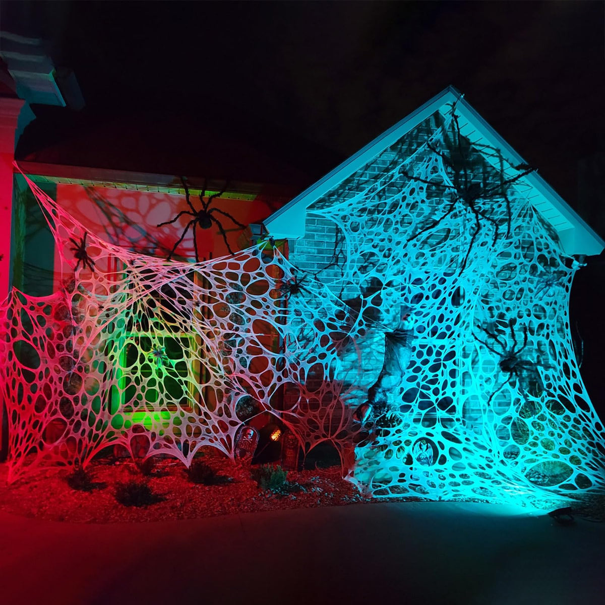 Stretchy Spider Web Netting 11.5 Feet Long with Five Stakes for Halloween Fences Porches and Trees
