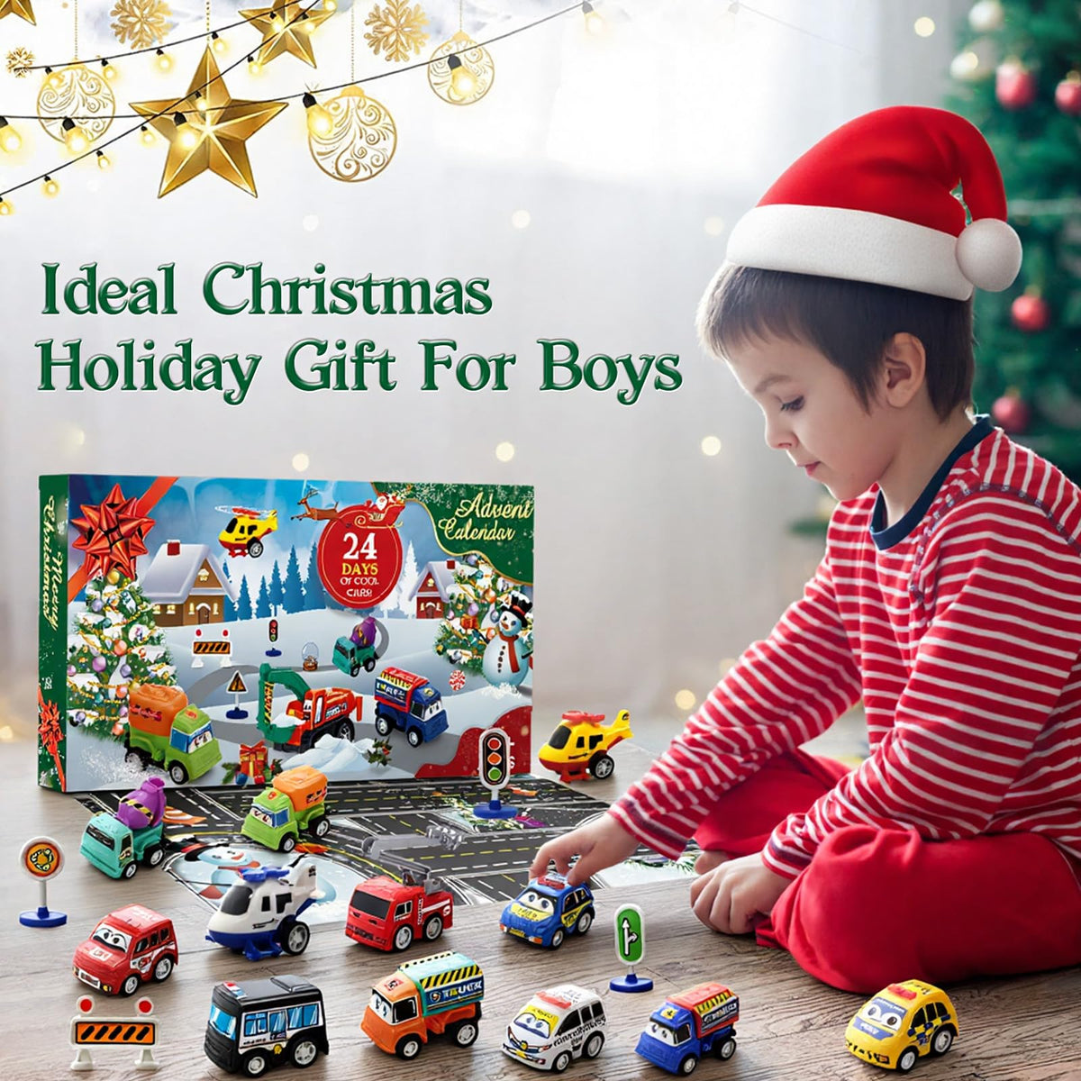 Pull Back Vehicle Countdown Box with 21 Toy Cars and Trucks Plus 3 Sets of Road Signs