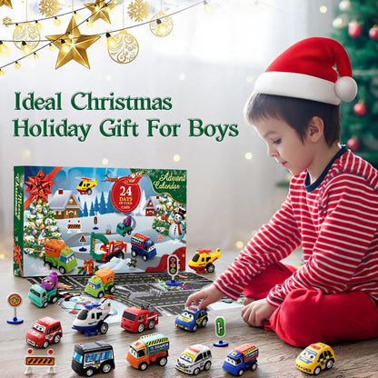 Pull Back Vehicle Countdown Box with 21 Toy Cars and Trucks Plus 3 Sets of Road Signs