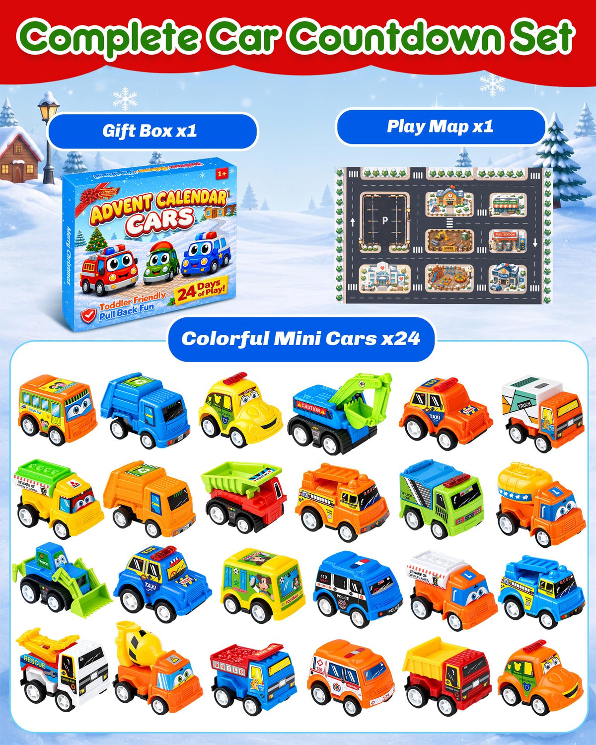 Pull Back Car Countdown Box with 24 Bright Colored Cars and a Play Map in a Gift Ready Package