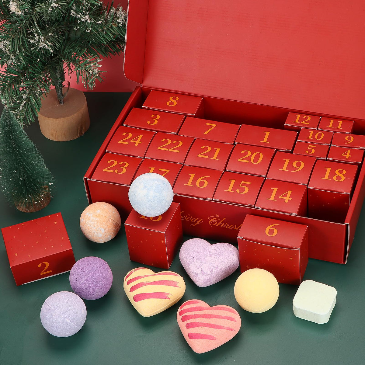 Red Christmas Box of 24 Individually Wrapped Bath Bombs in 14 Scents with a Numbered Door for Each Day