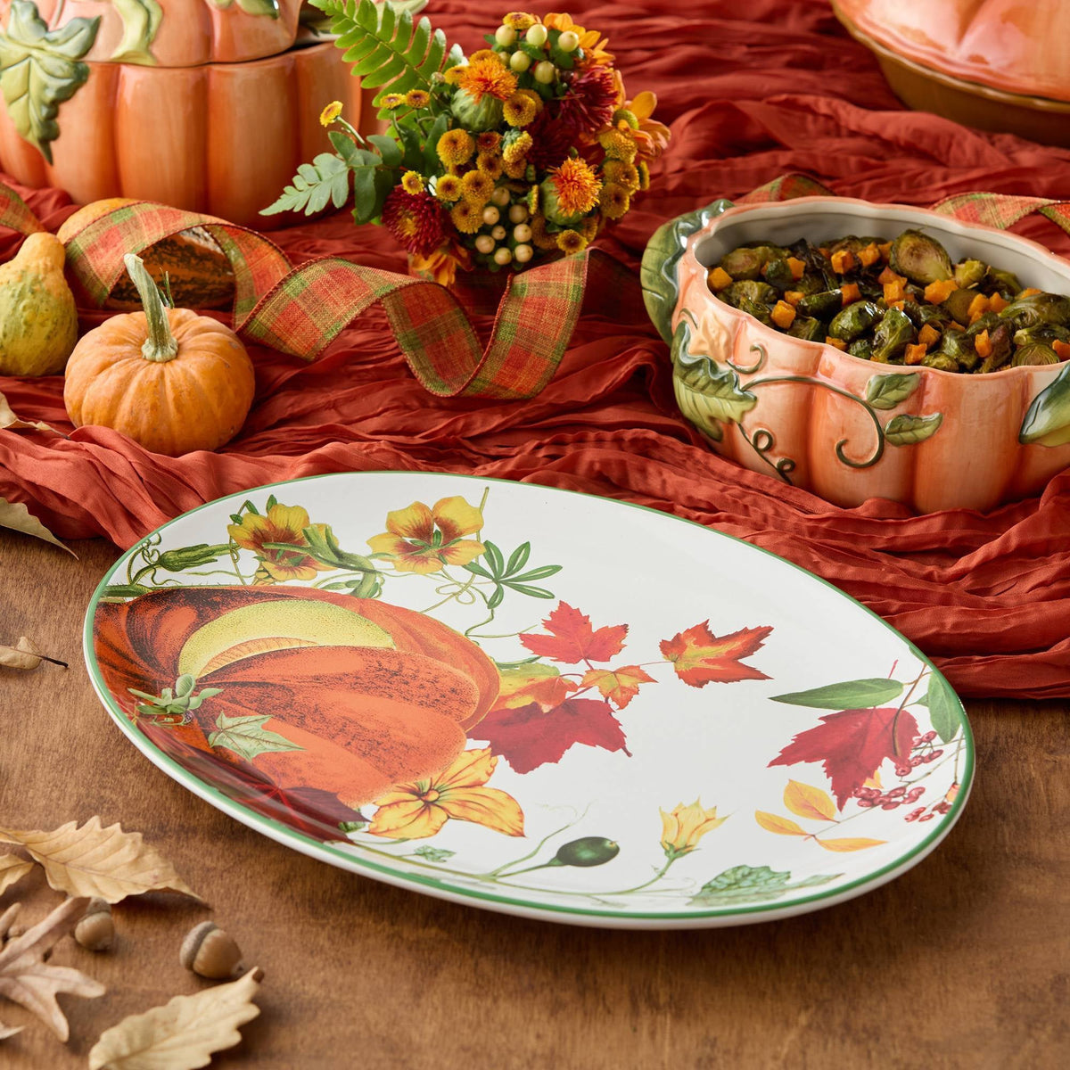 Fall Ceramic Platter with Pumpkin Artwork and 16x12 Inch Oval Size for Holiday Meals