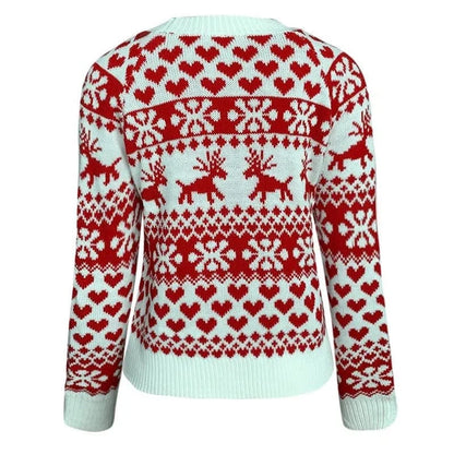 Womens Crew Neck Sweater with Reindeer and Snowflake Pattern, Hip Length