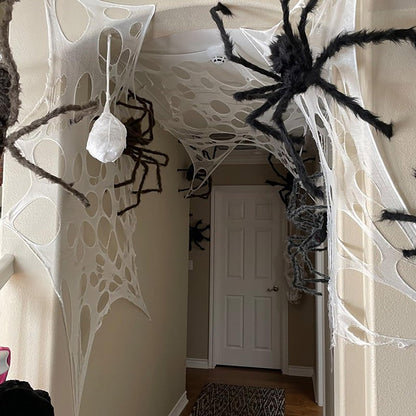 Stretchy Spider Web Netting 11.5 Feet Long with Five Stakes for Halloween Fences Porches and Trees