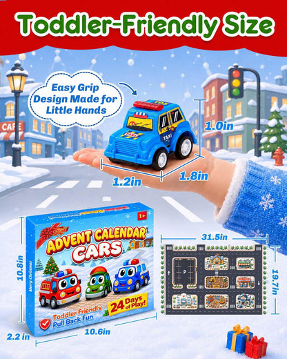 Pull Back Car Countdown Box with 24 Bright Colored Cars and a Play Map in a Gift Ready Package