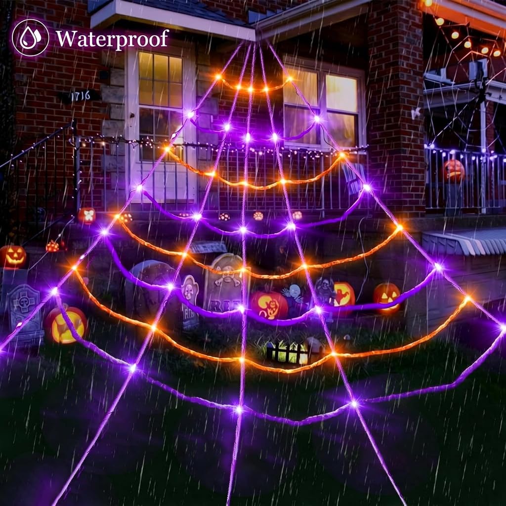 Light Up Spider Web with Motion Sensor Sound and 150 Purple LEDs for Yards and Rooflines